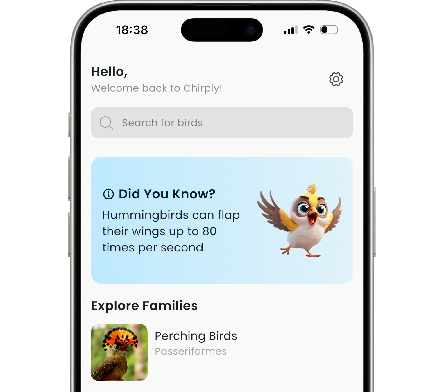 The BirdTune home screen showing family browsing and species search