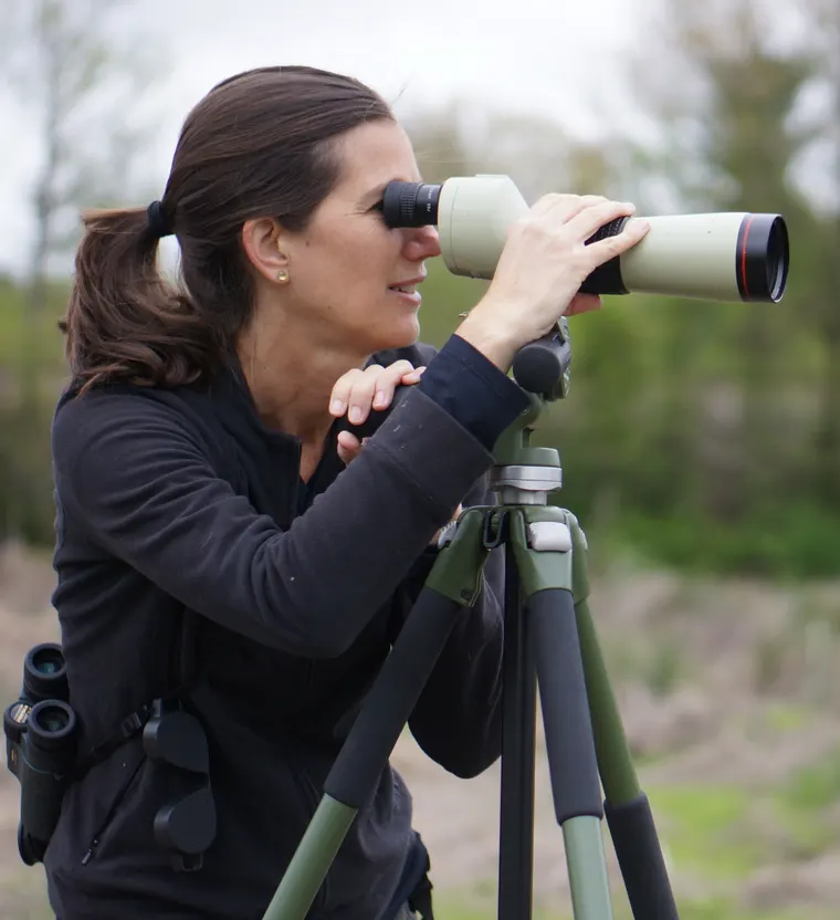 A birder tracking a bird through a spotting scope